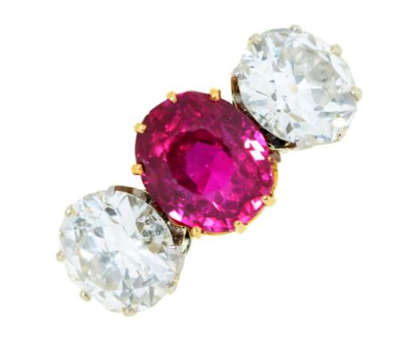 A ruby and diamond ring,&nbsp;the cushion cut ruby of 3.4ct approx., in gold, 4.5g, size L Sold with Gemmological Certificati