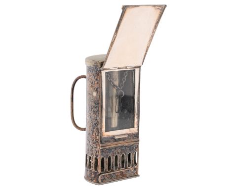 A Victorian EPNS travelling carriage candle lamp, of folding telescopic form, with bevelled glass light and reflector, engrav