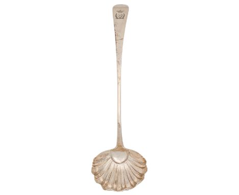 A George III silver soup ladle,&nbsp;Old English pattern, with shell bowl, crested, by Thomas Wilked Barker, London 1811, 4oz