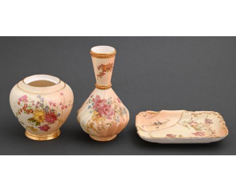 A Royal Worcester spiral vase, Randalph rose jar and tray, 1894 and 1899 and 1900, printed and painted with wild flowers on a