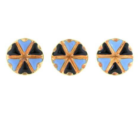 A set of three Victorian gold and black and lavender blue enamel dress studs, 10mm, shaped maroon morocco case signed for Jos