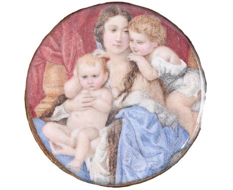 English School, mid 19th c- Portrait Miniature of a Young Woman and Two Children, before red drapery, ivory, 53mm diam, brass