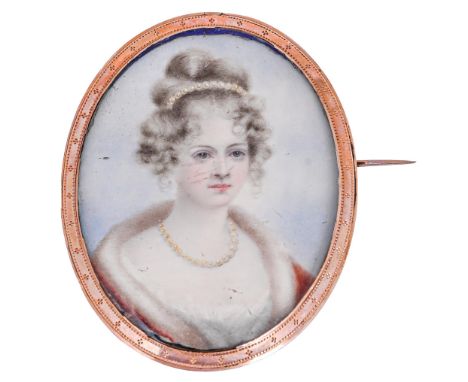 English School, early 19th c - Portrait Miniature of a Lady, in red coat with fur collar and pearls, sky background, ivory, o