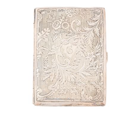 A Victorian silver card and stamp case, die stamped with foliage on an engine turned ground, leather lined, 10.5cm l, by Deak