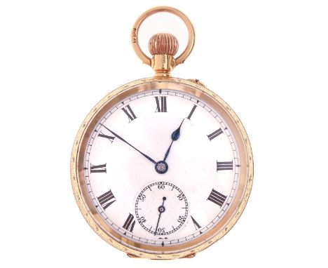 A Swiss 18ct gold keyless lever cylinder watch, with enamel dial, in engraved case, gold cuvette, 33mm, import marked London 