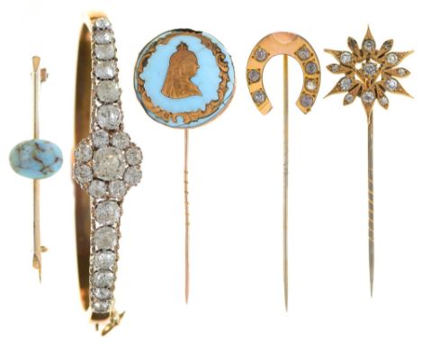 A paste bangle and three various stickpins and a turquoise matrix bar brooch,&nbsp;all c1900 Condition evident from image, al