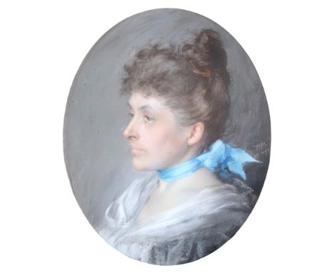 British School, 1897 - Portrait of a Woman, head and shoulders in a grey dress and blue ribbon, signed with monogram MM&nbsp;