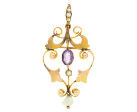 An amethyst, baroque pearl and split pearl openwork brooch-pendant, c1910, in gold, 43mm, marked 9ct, 2.7g Good condition