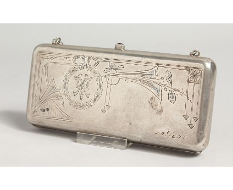AN ENGRAVED RUSSIAN SILVER PURSE with chain and grey interior, dated 19.8 / II 33. Mark 84. RP.