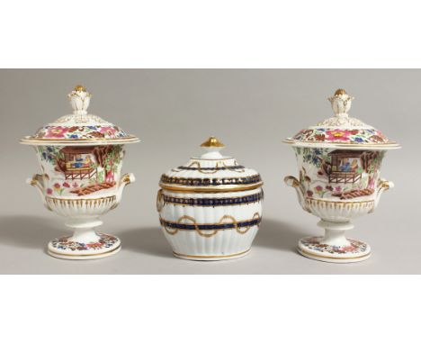 A CHAMBERLAIN PAIR OF SAUCER TUREENS AND COVER, decorated in colours with chinoiserie scenes and a good New Hall sucrier and 