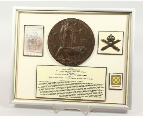 A FRAMED AND GLAZED WW1 BRONZE MEMORIAL DEATH PLAQUE or "Dead Man's Penny" 36539. Private Edward Hudson, 8th Coy. Machine Gun