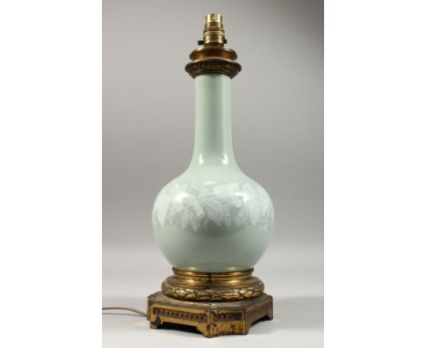 A GOOD 19TH CENTURY FRENCH PORCELAIN PATE SUR PATE DESIGN GLOBULAR VASE as a lamp with an ormolu base. 15ins high.