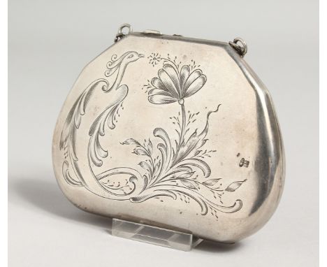 AN ENGRAVED RUSSIAN SILVER PURSE with a chain and red interior. 4.5ins long. Mark 84.OO.