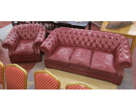 Red leather Chesterfield sofa & armchair