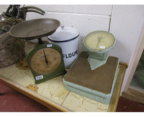 2 Pairs of Salter scales & enamel flour jar