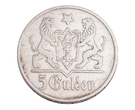 Freie Stadt Danzig - 5 Gulden 1923 Utrecht (J. D 9) s-ss, Kratzer, leichte Schleifspuren auf Rändelung. ca. 25g.| Free city o