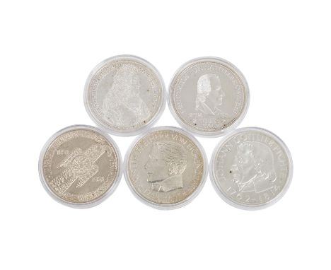 BRD - Top 5, die ersten 5 DM Gedenkprägungen ex 1952/64, Germanisches Museum, Schiller, Markgraf von Baden, Eichendorff, Fich