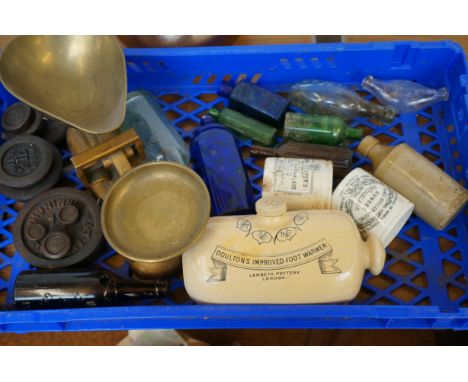 Collection of old bottles, Doulton improved foot warmer & set of scales & weights 