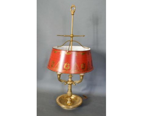 A French Table Lamp of Three Branch Scroll Form with toleware shade, 77cm tall 