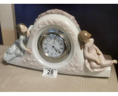 Lladro Porcelain #5776 Two Sisters Mantel Clock - 32x16cm