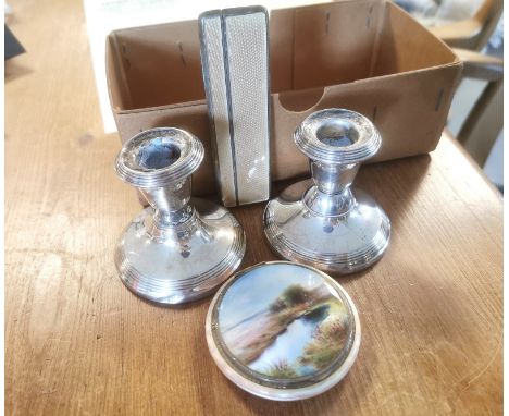 Pair of Hallmarked Silver Candlestick + Enamel Compact