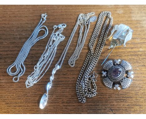 Collection of Various Silver Necklaces, Snowdrop Brooch + a Celtic-style Jerusalem Ameythst Brooch