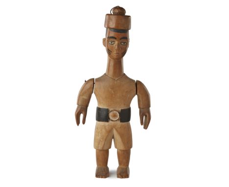 IBIBIO PUPPET FIGURE  carved wood, depicting a British officer wearing a uniform typical of the period, the shoulders have na