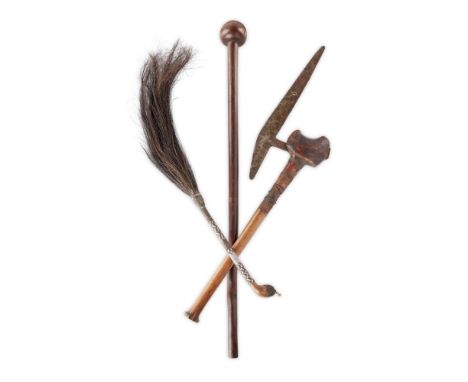 ZULU AXE, FLY WHISK AND KNOBKERRIE  consisting of; wood and trade iron axe, the blade flares out into a triangular shape with