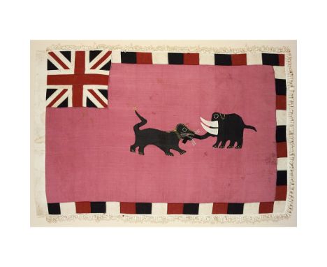 FANTE ASAFO FLAG: IT IS A FOOLISH LION WHO DARES CHALLENGE THE ELEPHANT  GHANA, C.1940   Silk applique flag, a lion is shown 