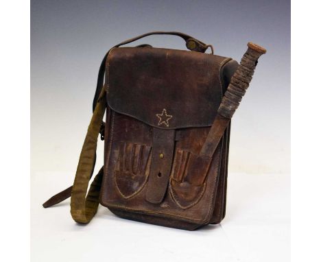 Brown leather military 'satchel' with two interior pockets with fold-over flap stitched with a star, the front has a retailin