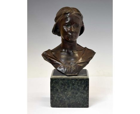 Alfred Briscoe Drury, (1859-1944) - 'Griselda', a late 19th century patinated bronze bust, signed in the cast verso, 21cm hig