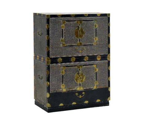 Pair of Korean mother-of-pearl inlaid Ichung Nong stacking chests, in ebonised pine and elm, each section with hexagonal cell