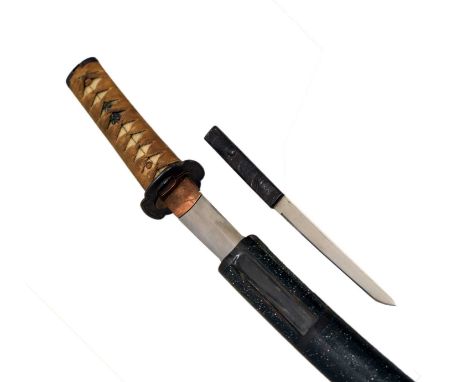 Japanese wakizashi, 40cm unsigned blade with shortened tang and one peg-hole, the hilt covered with ray-skin and bound with g