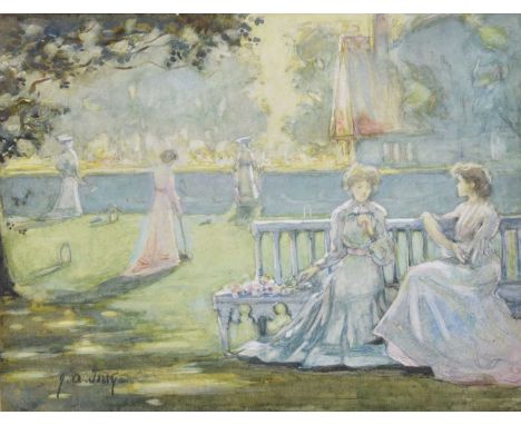 Joseph Alfred Terry (British, Staithes Group 1872-1939) - Watercolour - 'A game of croquet', signed lower left, 21cm x 27.5cm
