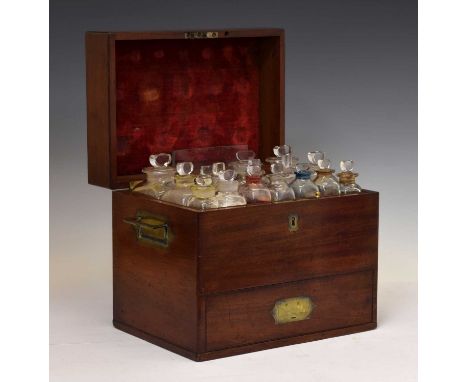 Late Victorian domestic medicine or apothecary chest, the mahogany case with recessed campaign style handles and hinged cover