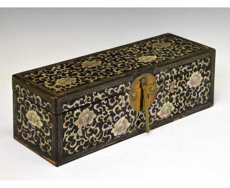 Korean Joseon style mother-of-pearl inlaid box, the hinged rectangular cover and body both decorated with flowers and foliate