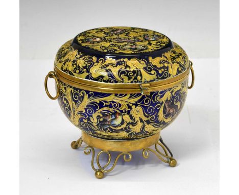 Cobalt blue glass and gilt metal mounted bowl and cover, circa 1900, in the style of Moser, ovoid form with twin ring handles