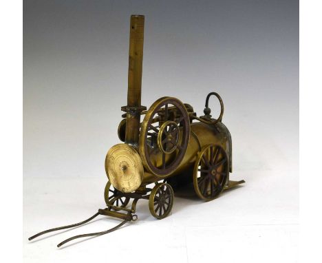 Brass scratch built steam model of a horse drawn portable engine, probably circa 1900, the single-cylinder machine with foldi