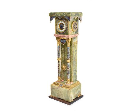 A fine French onyx and champleve enamel longcase clock, late 19th century, of typical form, the rectangular top with champlev