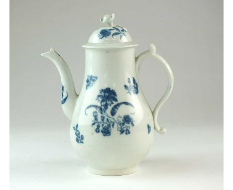 A Caughley coffee pot and cover in the 'Gillyflower 5' patterncirca 1773-83of baluster form with a floral final to the cover,