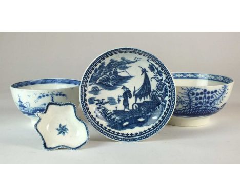 A group of Caughley porcelaincirca 1780-85comprising an 'Aster' pickle leaf dish, unmarked, 7.5cm wide; a 'Bridge and Windmil