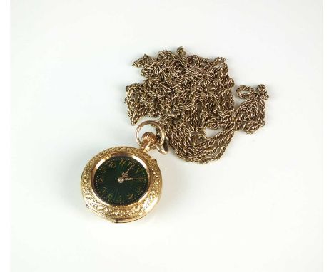 A lady's yellow metal and enamel open face fob watch, the green enamel dial with gold Arabic numerals and within chased yello