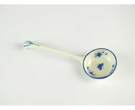 A good Caughley dessert sauce tureen ladlecirca 1782-92painted in underglaze blue with an unusual butterfly to the centre sur