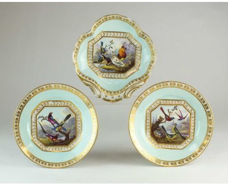 A pair of Derby porcelain dessert plates with matching shell-shaped dessert dishcirca 1815-25painted by Richard Dodson with c