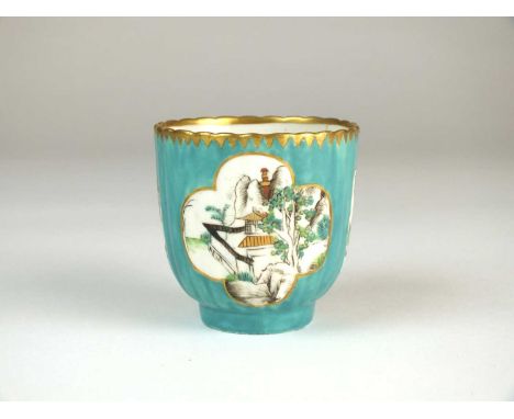 A rare Caughley polychrome coffee cupcirca 1785-90of fluted form with a double indented plain white ear-shaped handle, the ex