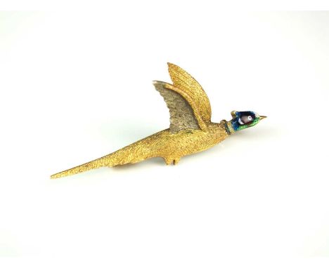 A yellow metal and enamel pheasant bar brooch, the textured yellow and white metal brooch designed as a pheasant in flight wi