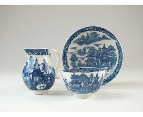 A group of Caughley in the 'Temple' patterncirca 1785-90transfer-printed in underglaze blue, comprising a sparrow beak milk j