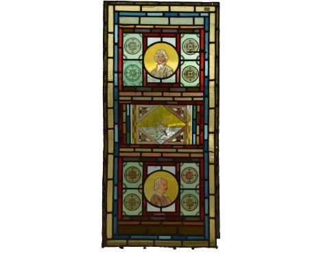 A pair of 19th century stained glass panelsOf rectangular outline and vertical aspect, each painted with two portraits of the