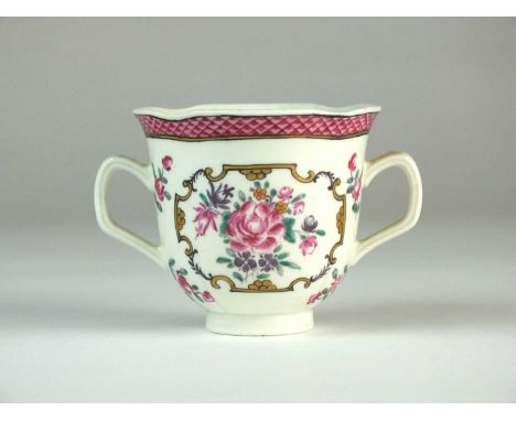 A rare Caughley twin-handled chocolate cupcirca 1785-90a replacement for a Chinese service, the body with delicate panel moul