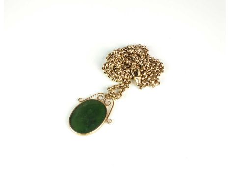 A 9ct gold belcher link chain, with swivel clasp, suspending oval jade plaque pendant, length of chain approx 60cm, total wei